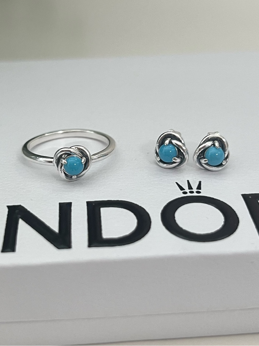 NWT Pandora Circle Turquoise Ring & Stud Earrings Set, 925